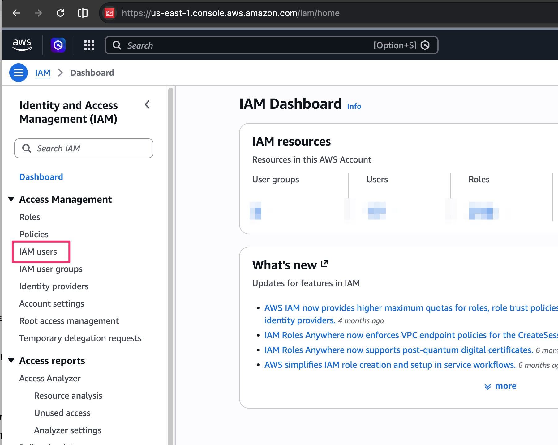 AWS IAM dashboard with IAM users highlighted in the left menu