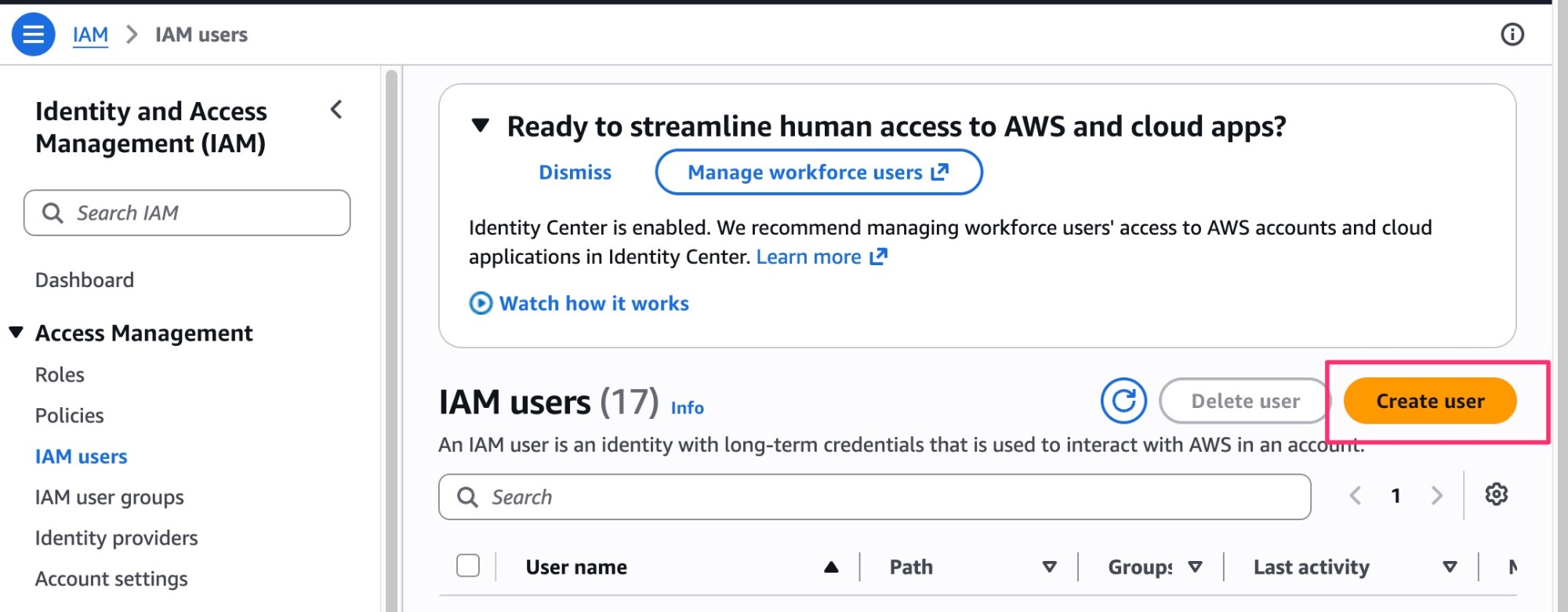 AWS IAM users list with the Create user button highlighted