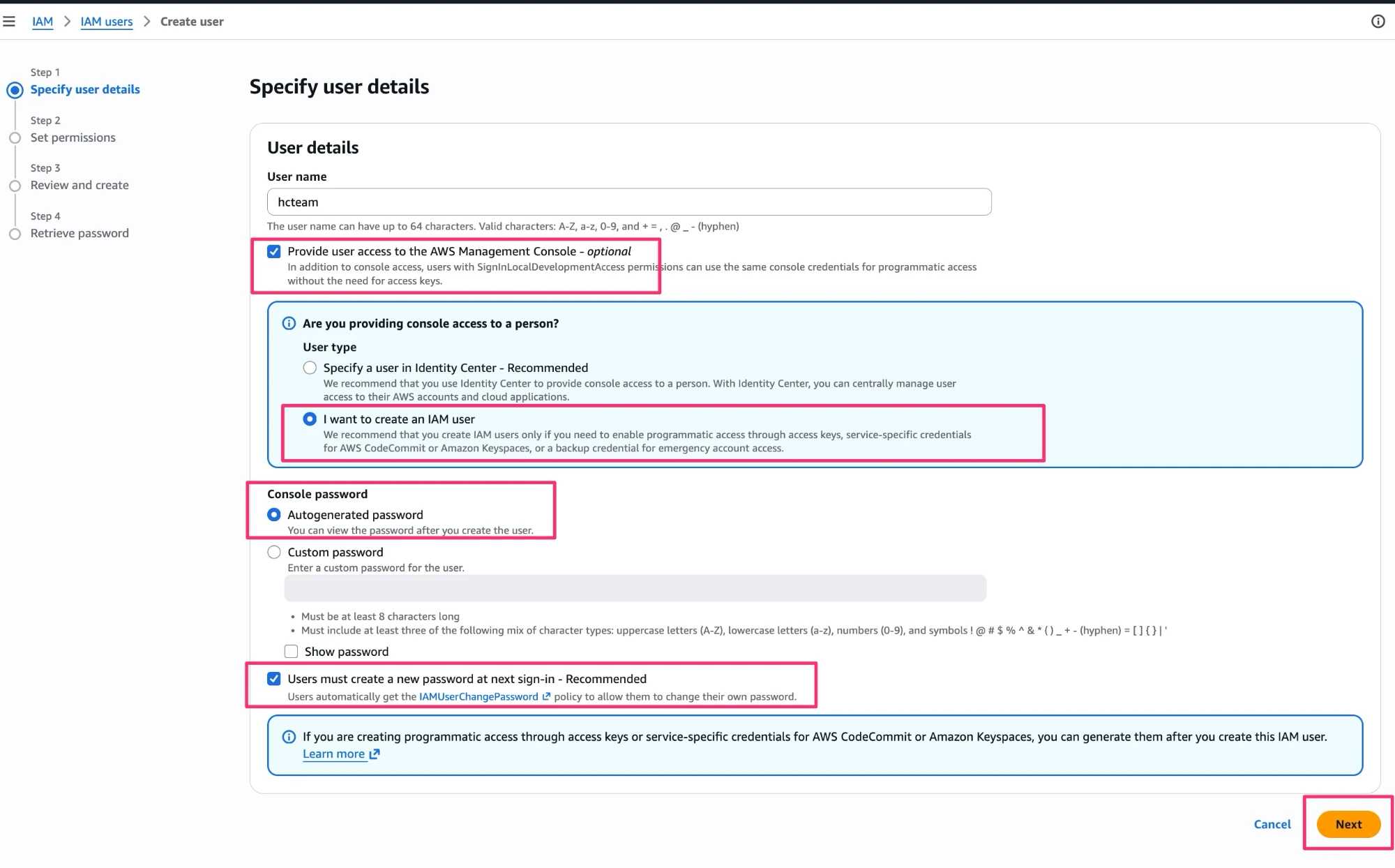 AWS IAM Create user screen with the username field and console access option