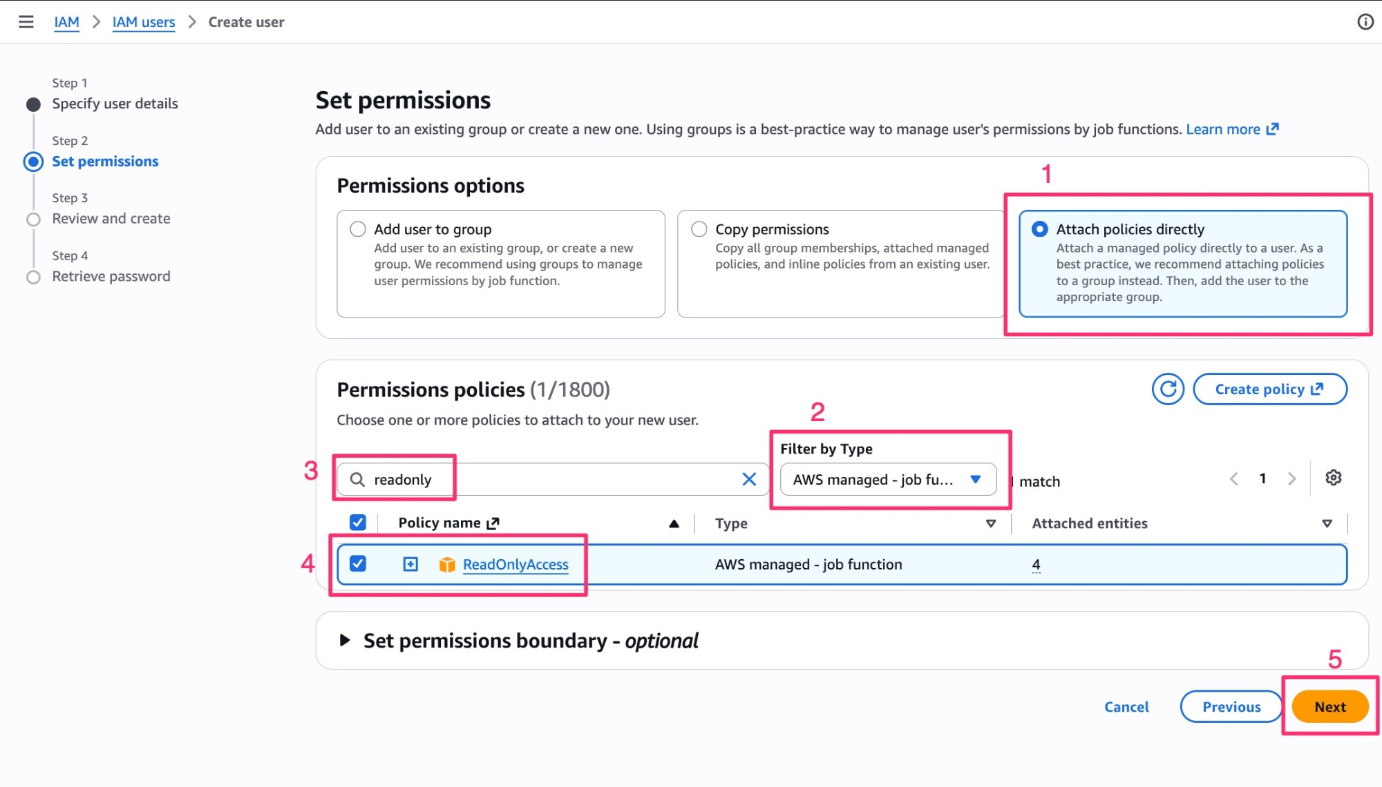 AWS IAM Set permissions screen with Attach policies directly chosen and ReadOnlyAccess ticked