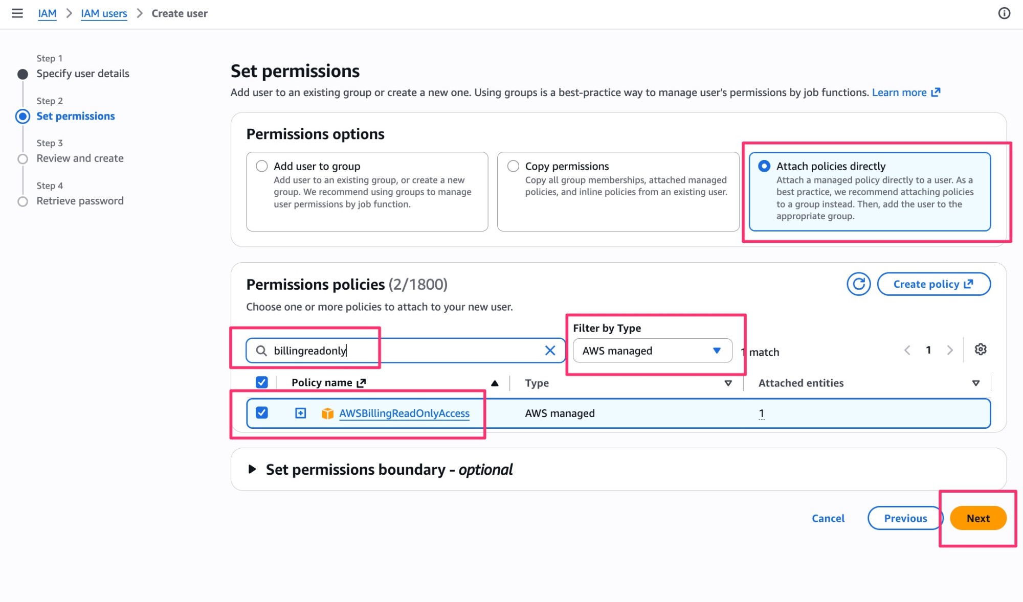 AWS IAM Set permissions screen with ReadOnlyAccess and AWSBillingReadOnlyAccess selected