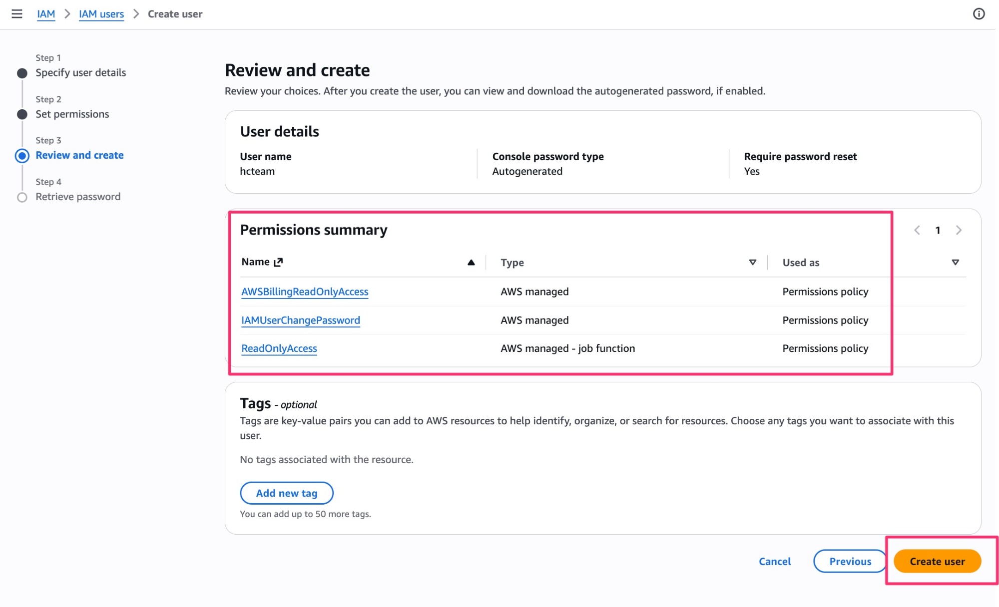 AWS IAM review screen showing the username and the two attached policies before creating the user