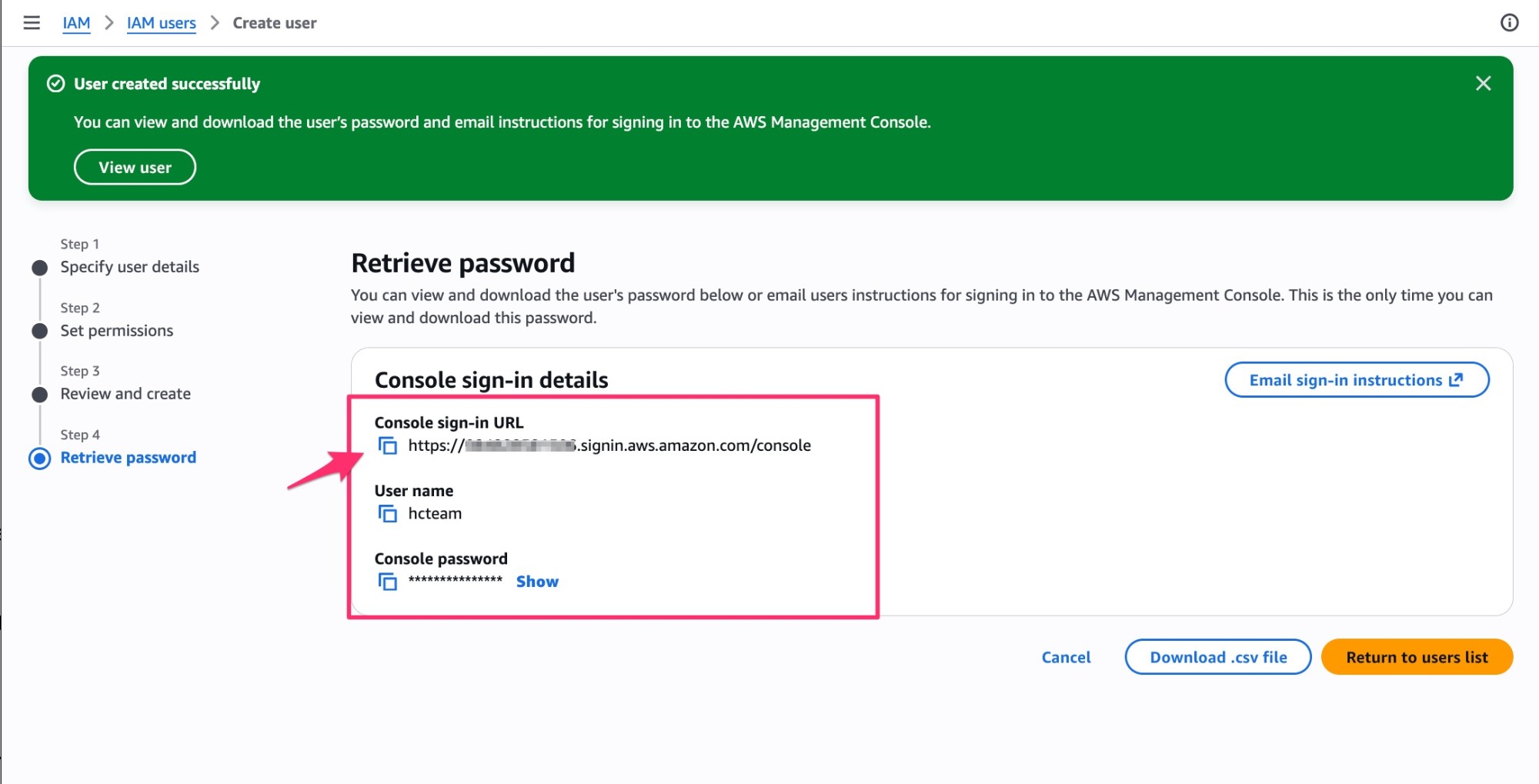 AWS IAM confirmation screen with the console sign-in URL, username and masked password