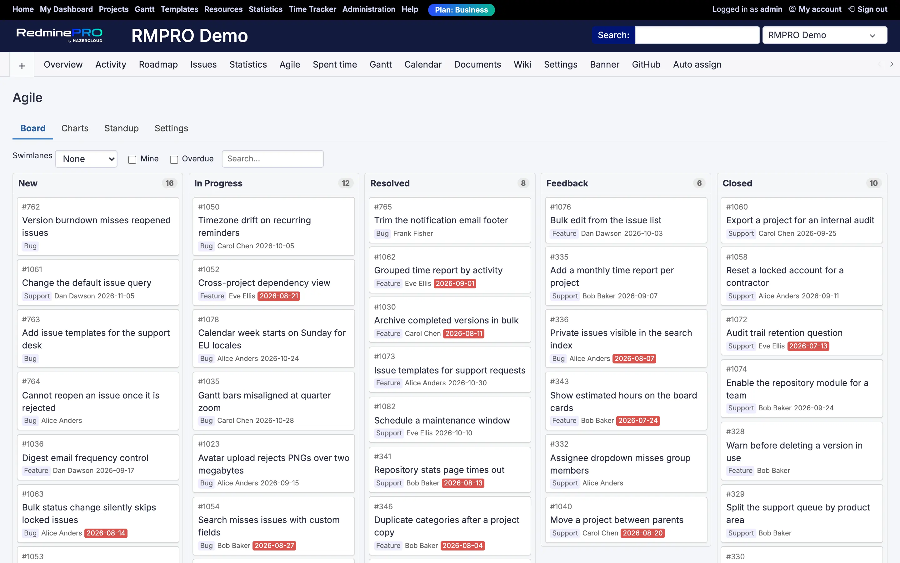A Kanban board with issue cards arranged in status columns, work-in-progress limits on each column and story points on the cards.